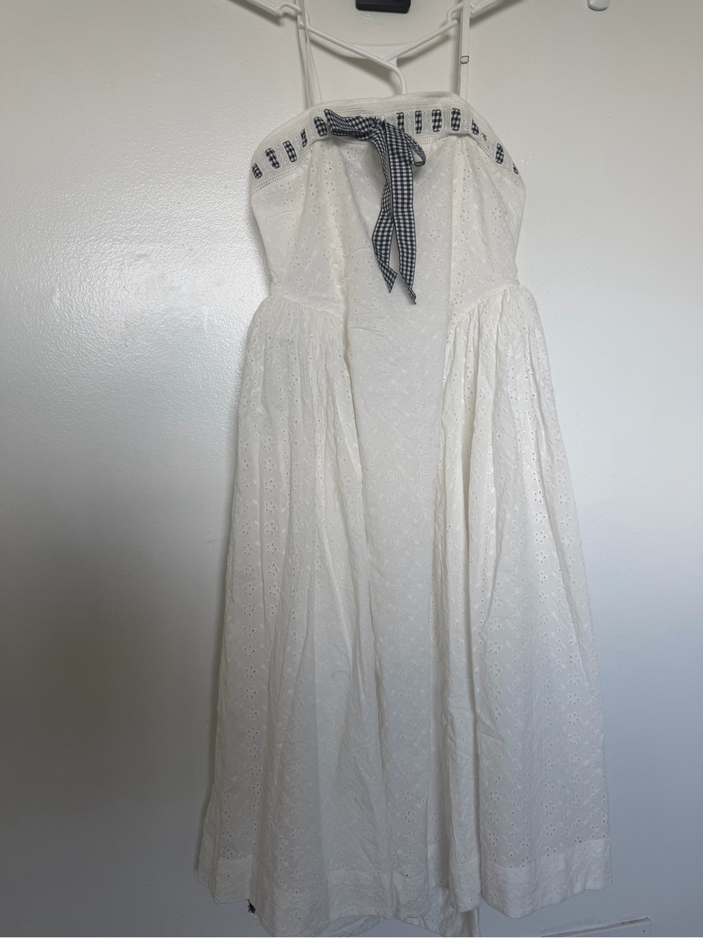For Love & Lemons White Eyelet Strapless Sundress with Gingham Tie